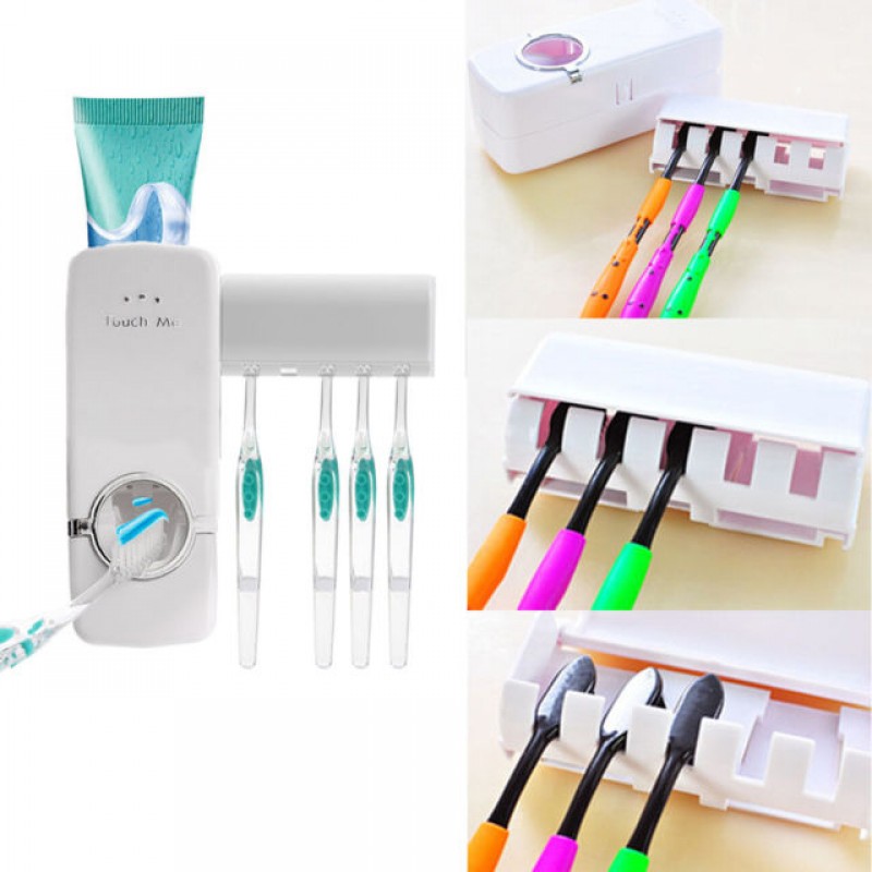 Set of Toothpaste Dispenser & Brush Holder - White